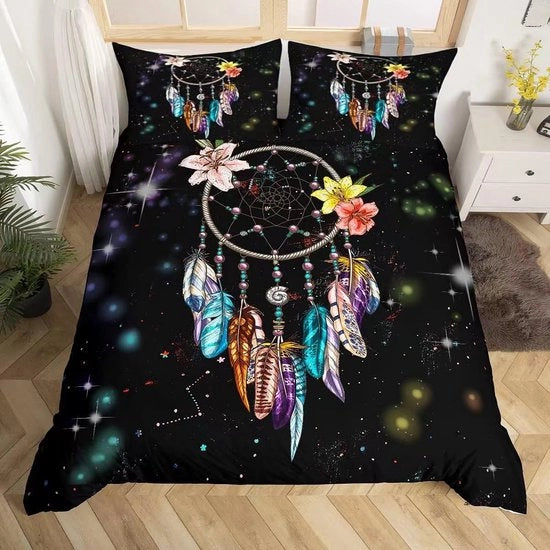 Set di coperte da letto per bambine, stile bohemiano, con fiori e piume, 220 x 240 cm, con 2 coperte per cuscini da 80 x 80 cm