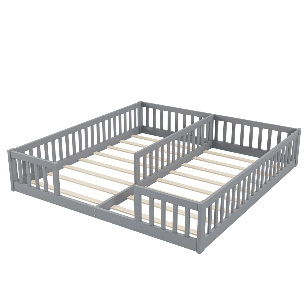 Letto per bambini 90×200 cm; letto basso con sponda; senza materasso; in pino e MDF; per 2 bambini; grigio