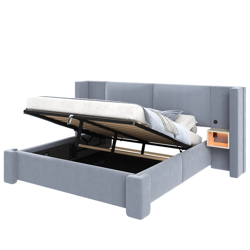 Letto matrimoniale 140x200 con contenitore idraulico e luci LED integrate; lino grigio