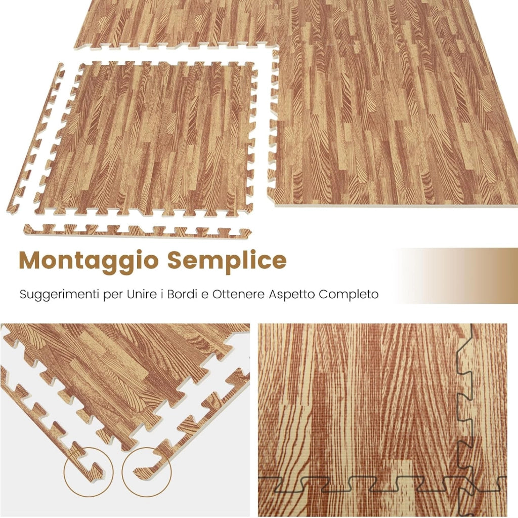 12 Pezzi Tappeto Puzzle Effetto Legno, Tappetini a Incastro in Schiuma EVA con Bordi Perimetrali, Tappeto Protettivo Spesso per Palestra Casa Stanza Giochi, 61x61 cm, 4,5 M²