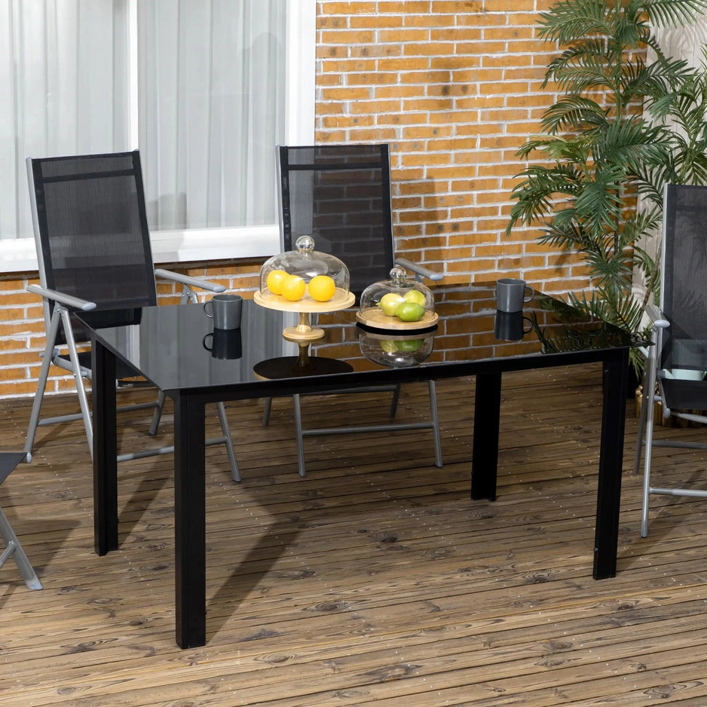 Tavolo da Giardino Rettangolare 150x90 cm per 6 Persone con Piano in Vetro e Alluminio Nero