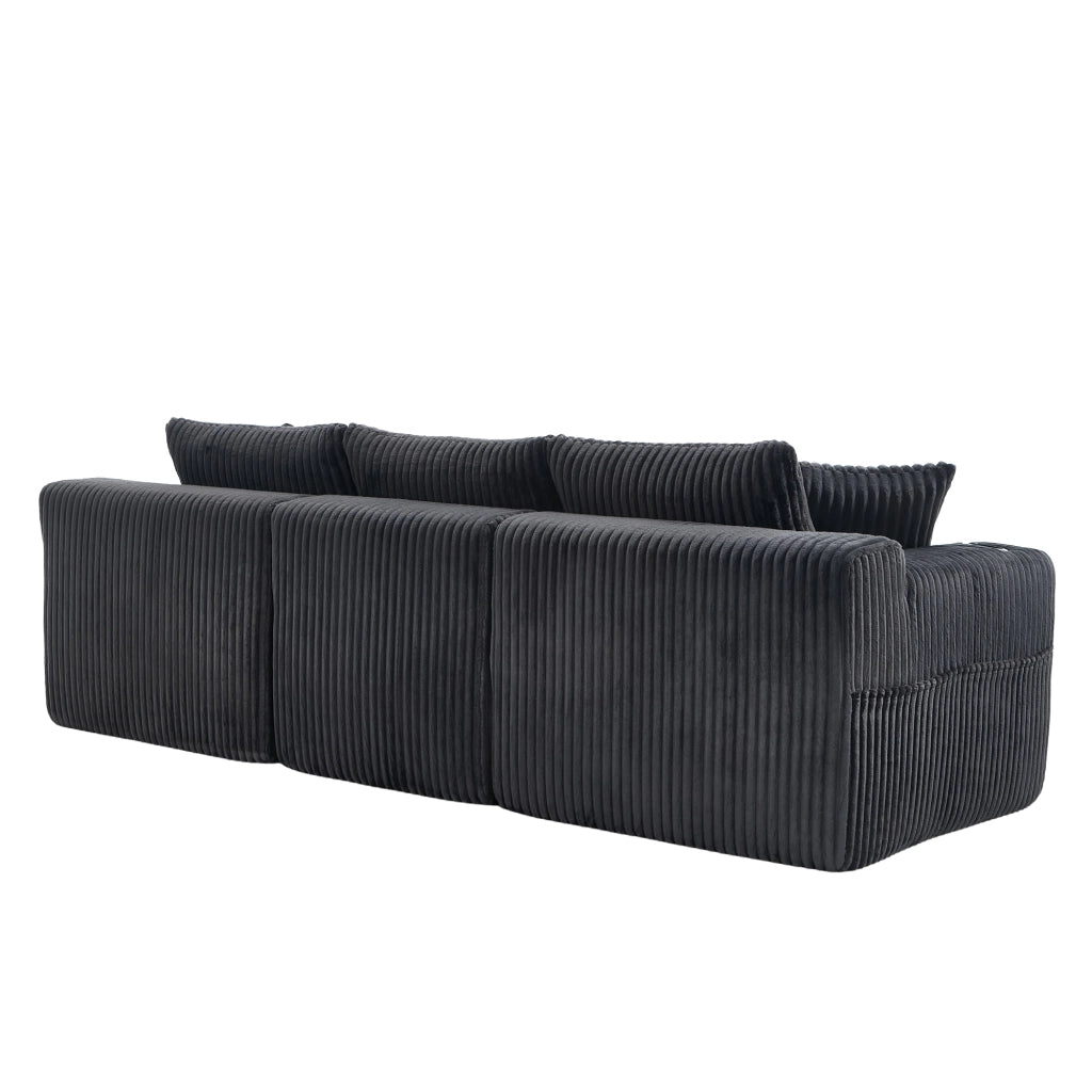 Divano modulare con chaise longue e 2 posti, tasche laterali, portabicchieri, in velluto a coste grigio