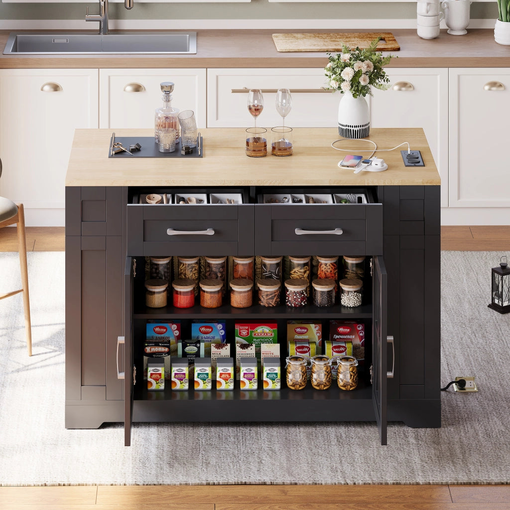 Isola cucina mobile 120 cm con piano ribaltabile, prese AC e USB, ante in vetro, ruote frenate