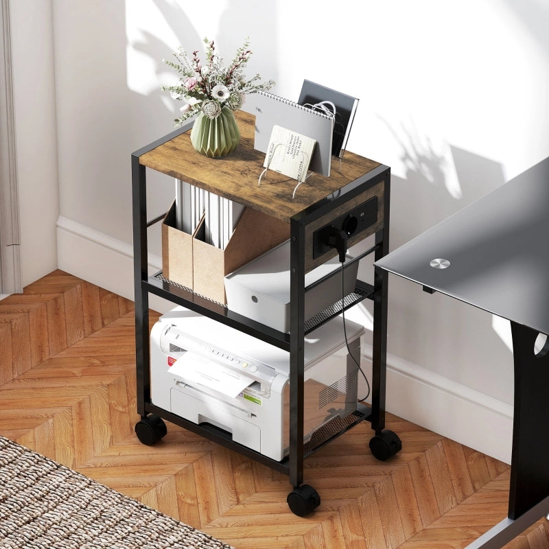 Scaffale con prese, porte USB e USB-C con ruote per ufficio domestico, MDF e acciaio, marrone rustico 42×28×64.5 cm