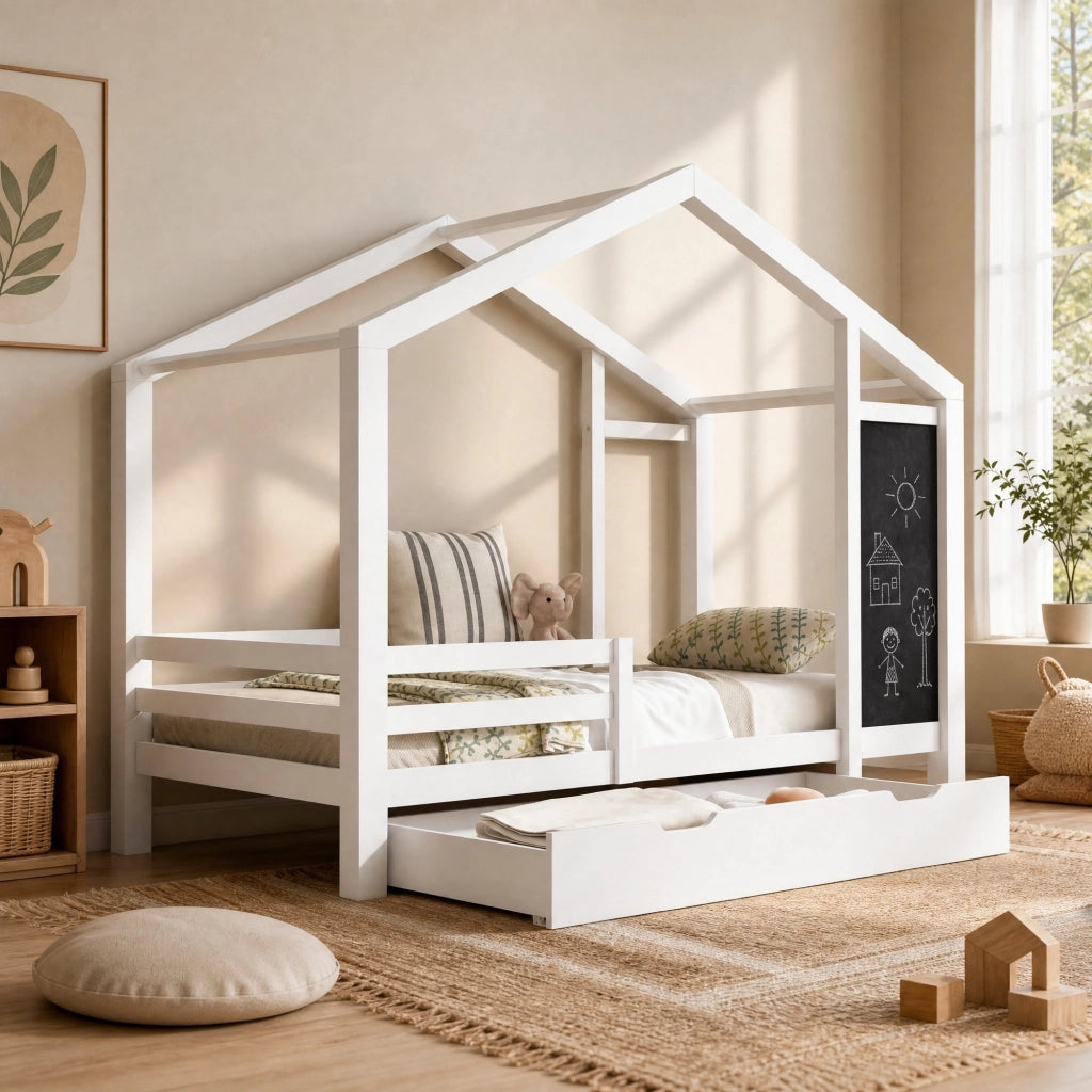 Letto a casetta per bambini 90x200 cm in legno massello bianco con lavagna e 2 cassetti