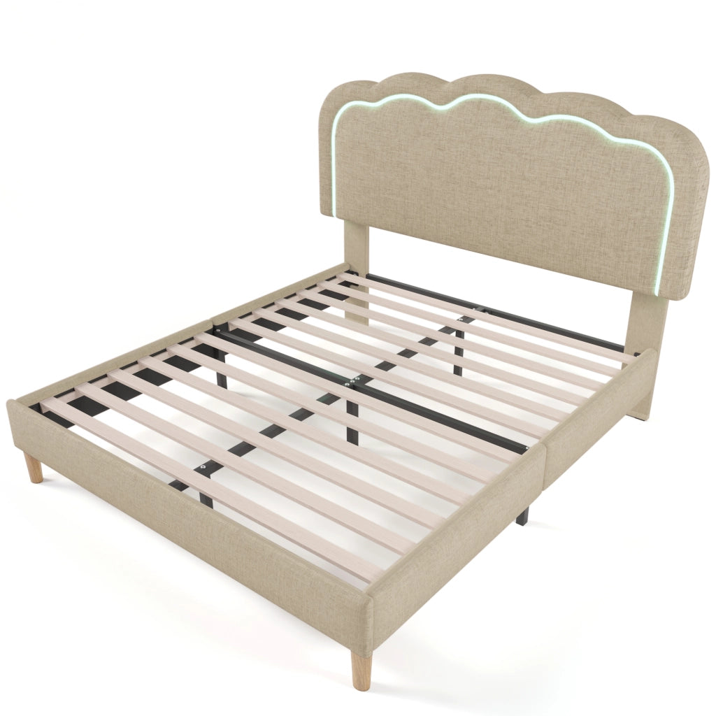 Letto matrimoniale LED – 140x200 cm – testiera regolabile rete – lino beige