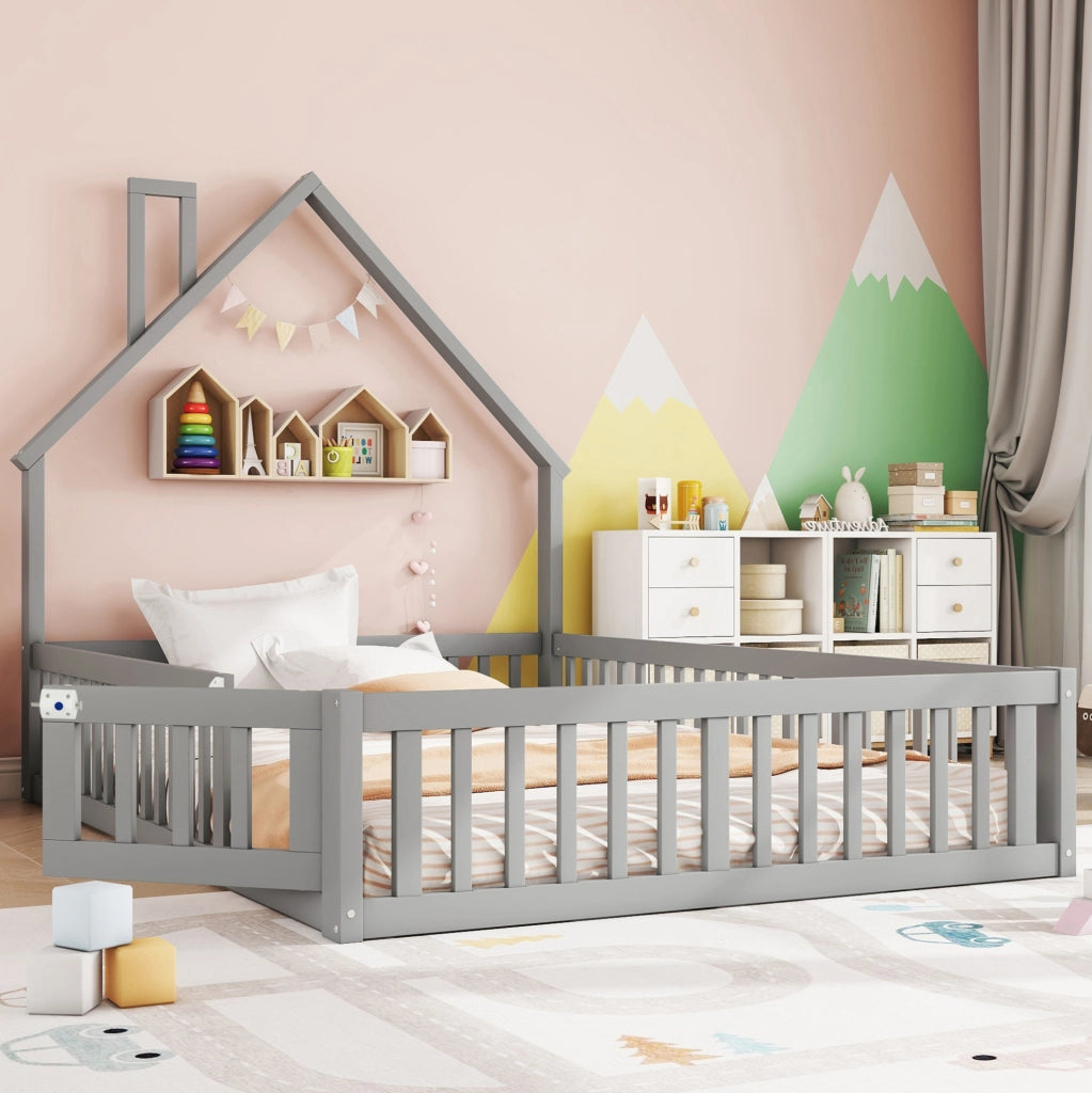 Letto per bambini 140x190 cm con sponde di sicurezza; in legno di pino e MDF grigio