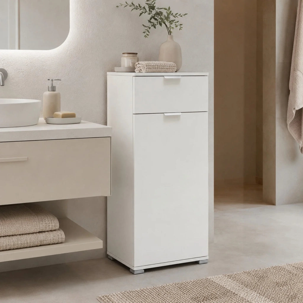 Mobile Base con Anta e Cassetto Bianco Già Montato | Armadietto Multiuso Salvaspazio 45x103x38 cm | Mobile Bagno o Lavanderia con Ripiani Regolabili