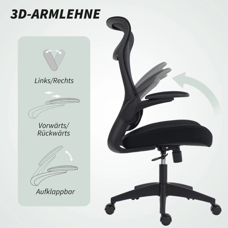 Sedia da ufficio ergonomica con braccioli regolabili, schienale in rete traspirante, poggiatesta e reclinazione nera