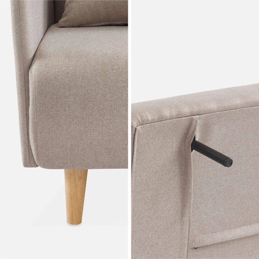 Divano letto clic-clac in tessuto con gambe in legno, 2 posti, beige
