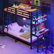 Letto a castello, 90 x 200 cm, struttura in ferro, con ripiano portaoggetti, scrivania, luce a LED, presa USB, nero