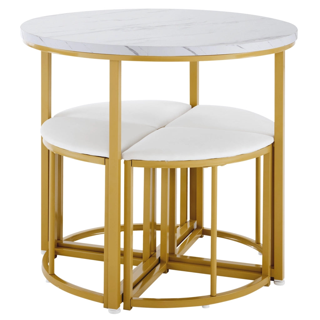Tavolo da pranzo rotondo per 4 persone con 4 sedie, piano in MDF, struttura in metallo, bianco e oro, 80 cm