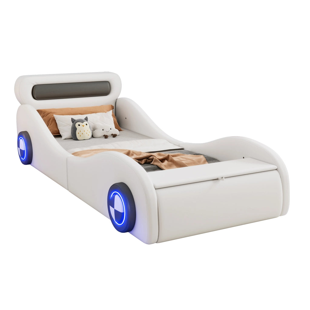 OKWISH Letto Bambino 90×200 cm, Letto Singolo a Forma di Auto con Ruote Luminose, Vano Contenitore, senza Materasso, PU Bianco