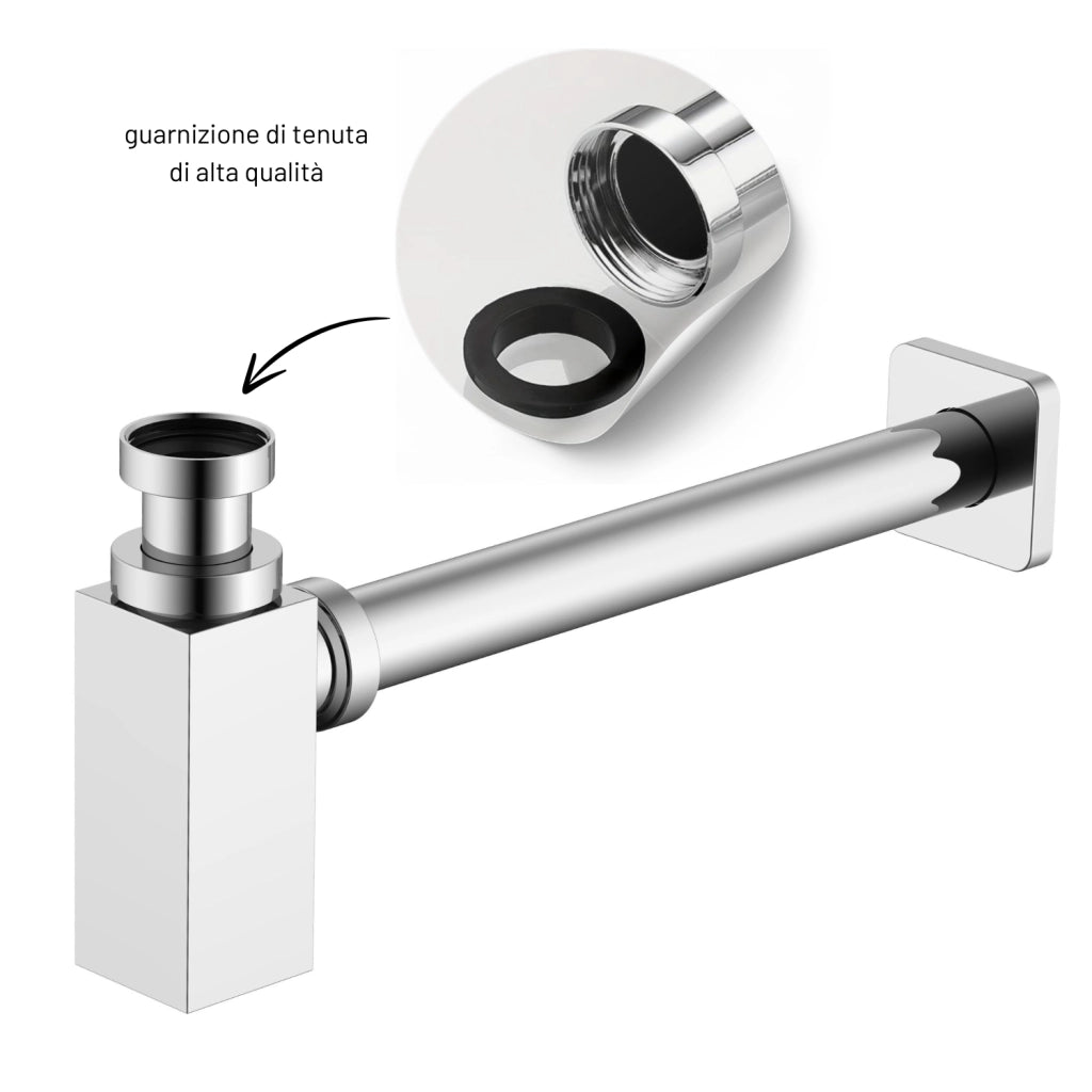 Sifone tubo di scarico in ottone cromato quadro per lavabo lavandino bagno da 1.1/4” *** confezione 1