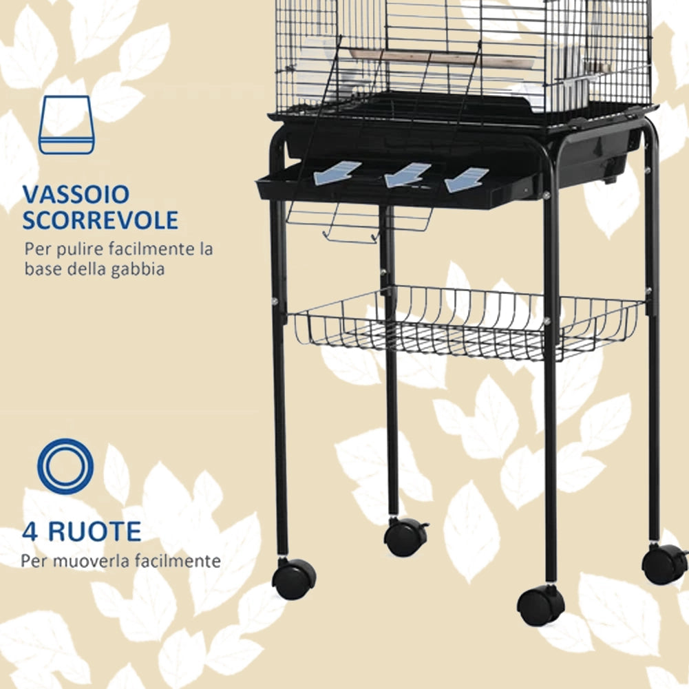 Voliera Gabbia per Uccelli Volatili 3 Posatoi e 2 Ciotole in Acciaio 46x36x130cm