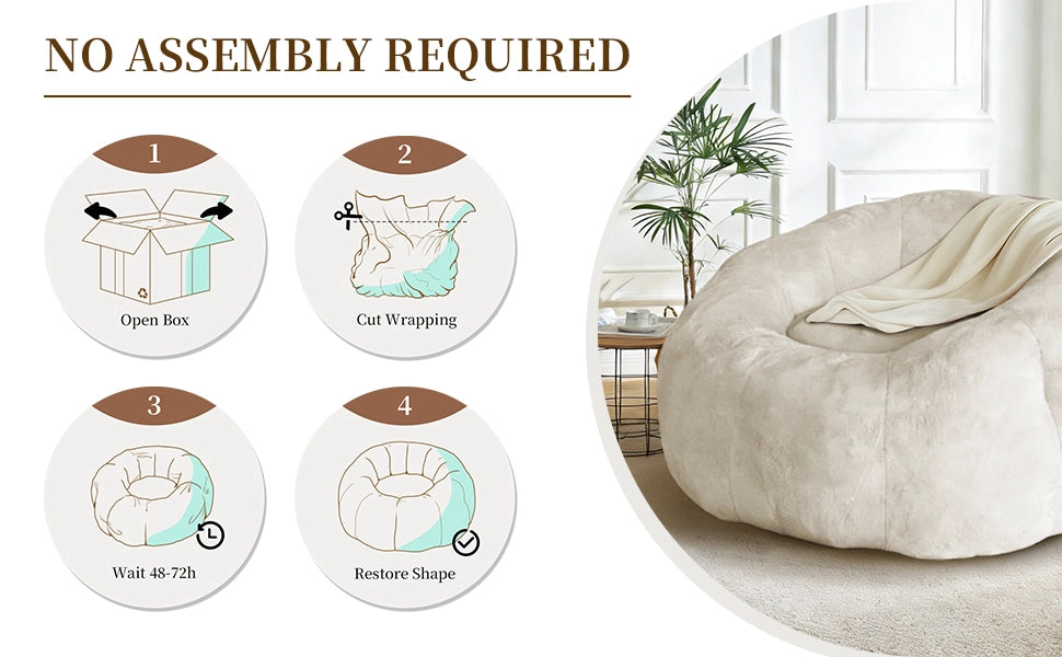 Fauteuil pouf rotondo in flanella con struttura stabile e seduta ampia per soggiorno e camera da letto bianco