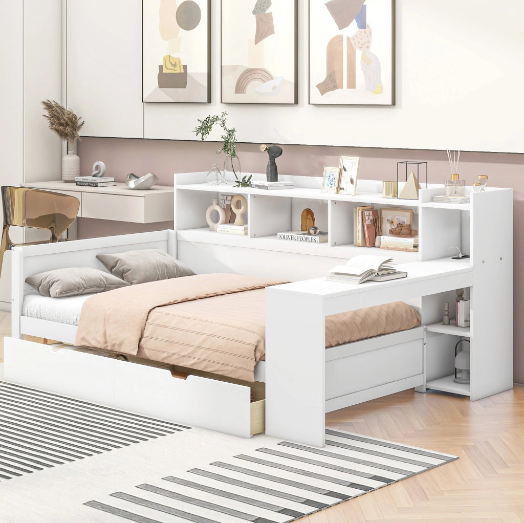Letto singolo 90x200 cm con scrivania; 2 cassetti; presa di ricarica e USB; bianco