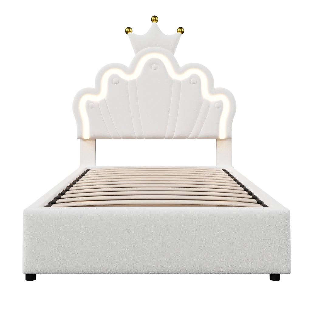 OKWISH Letto Contenitore 90×200 cm, Letto Singolo con LED Multicolore, Testiera Regolabile e Apertura Idraulica, senza Materasso, PU Bianco
