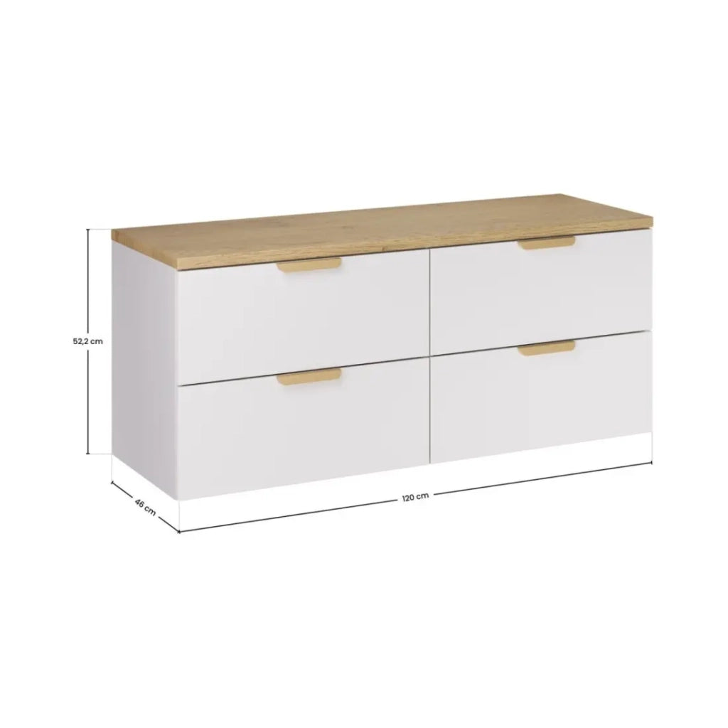 Set bagno sospeso OSTER 120cm: mobile sottolavabo con cassetti bianco + piano per lavabo effetto rovere chiaro