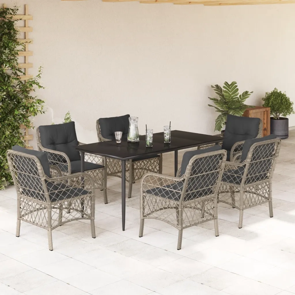 Set da Pranzo da Giardino 7 pz Cuscini Polyrattan Grigio Chiaro