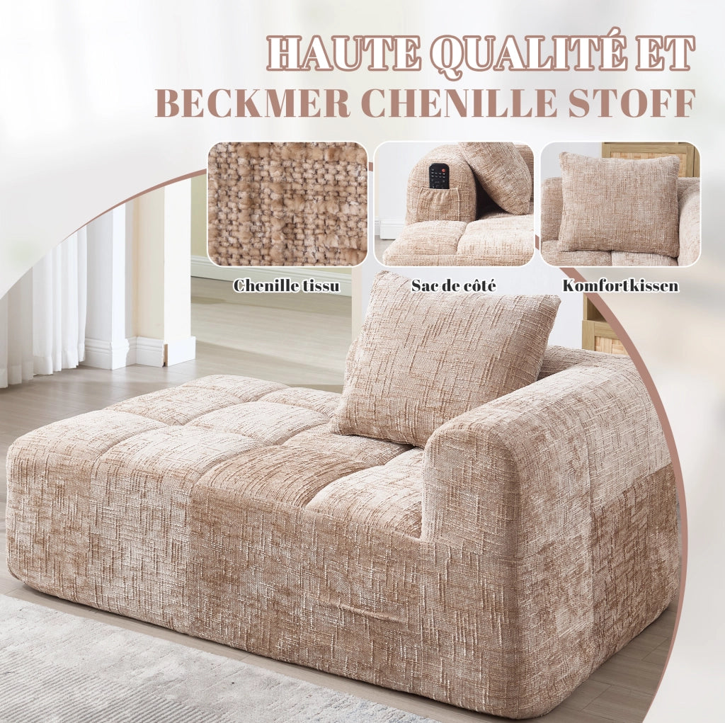 Divano Chaise Longue Khaki con Tascabili Laterali e Cuscino Incluso, 158x90x60 cm