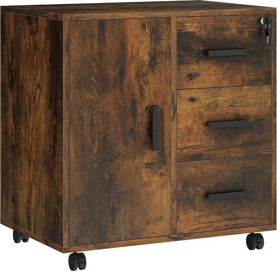 Archivio mobile, cassetti archiviabili con 3 ante per uso domestico e ufficio, supporto per stampante, armadio con ante e ruote, cassettiera per ufficio con ruote (colore legno rustico)