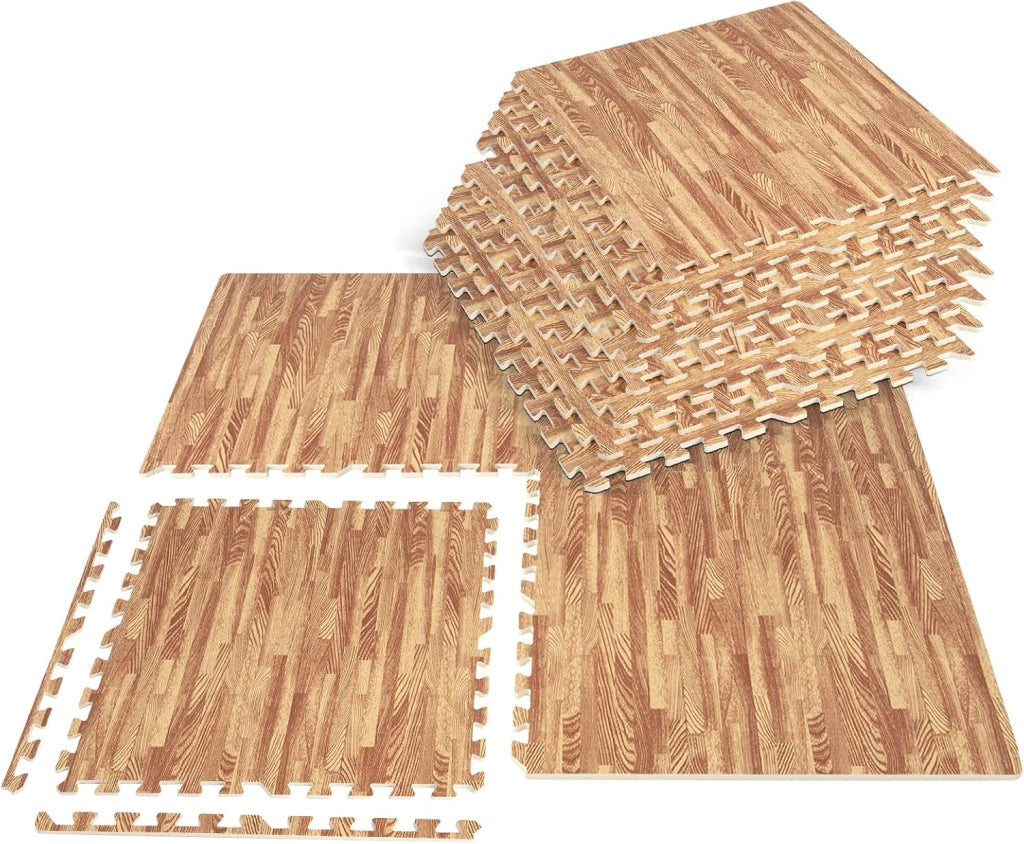 12 Pezzi Tappeto Puzzle Effetto Legno, Tappetini a Incastro in Schiuma EVA con Bordi Perimetrali, Tappeto Protettivo Spesso per Palestra Casa Stanza Giochi, 61x61 cm, 4,5 M²