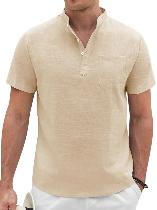 Camicia in Lino per Uomo Corta - Maglia di Estate - Maglia Mousseline - Maglia Henley - Maglia da Tempo per Uomo - Camicia Leggera e Respirante