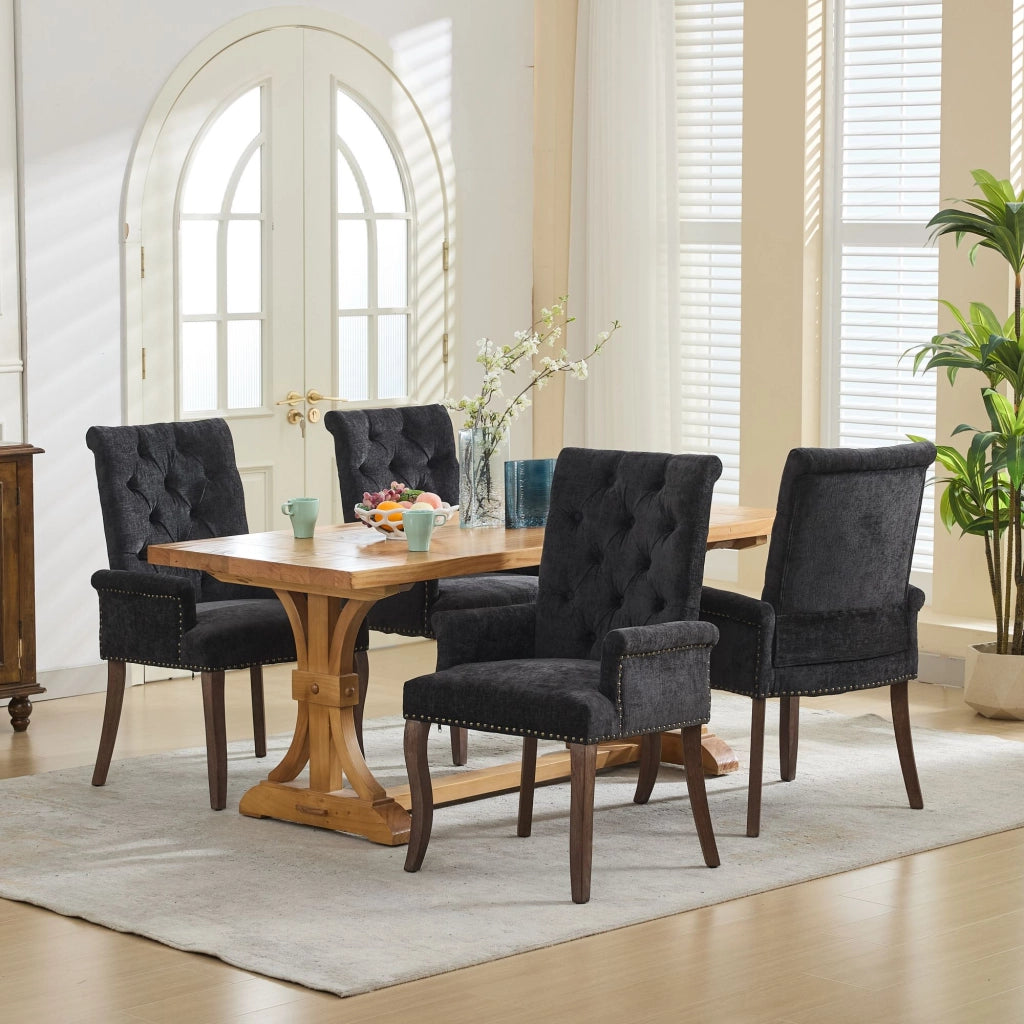 Sedia da pranzo, venduta singolarmente, tessuto chenille, gambe in legno massello, con braccioli, nero