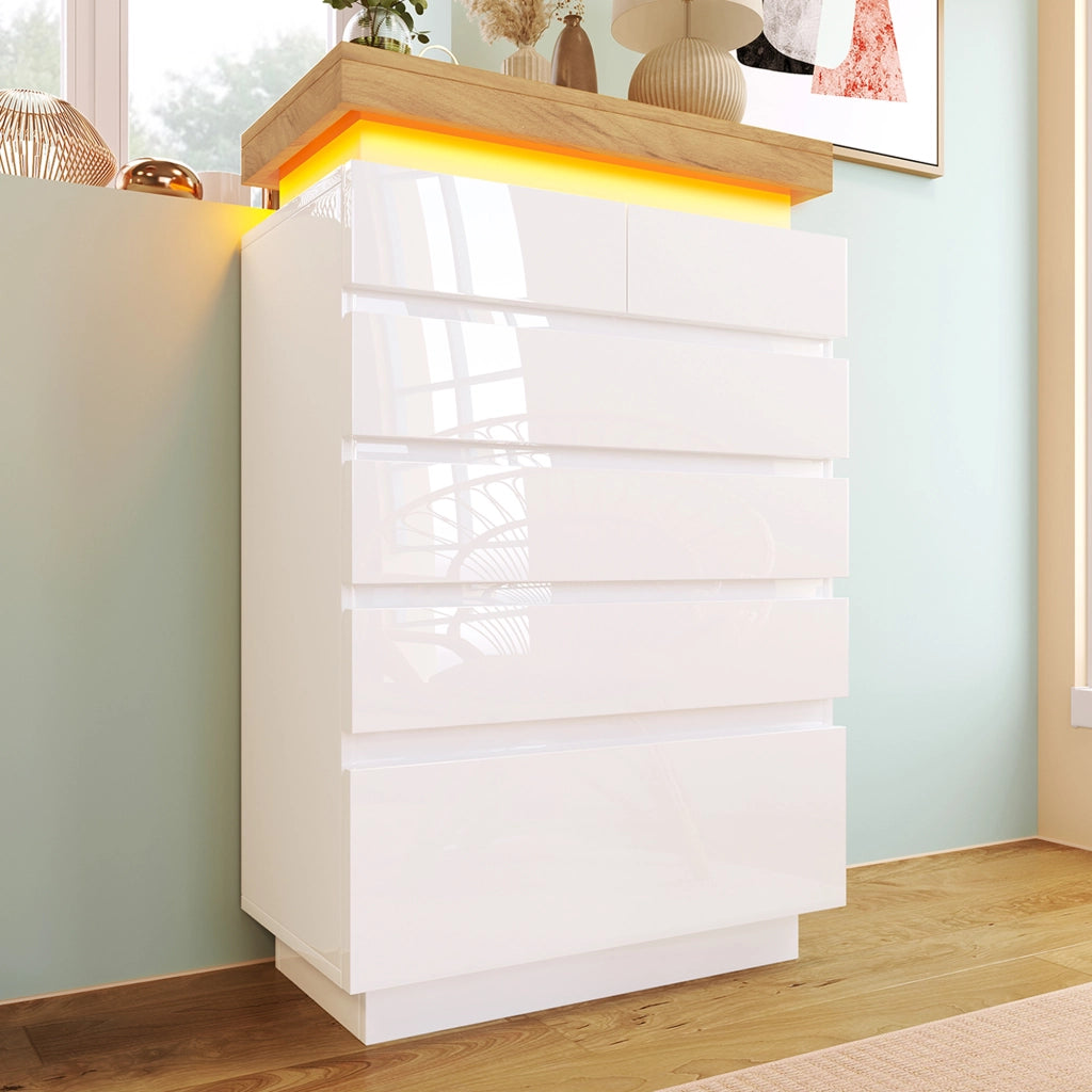 Comodino alto lucido con 6 cassetti e LED, credenza multiuso in bianco 115 x 73 x 39 cm
