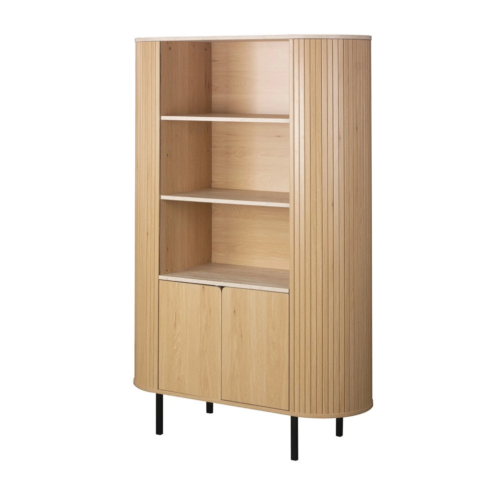 Credenza Fabia53A colore rovere oak con ripiani effetto travertino e laterali listellati 100 cm