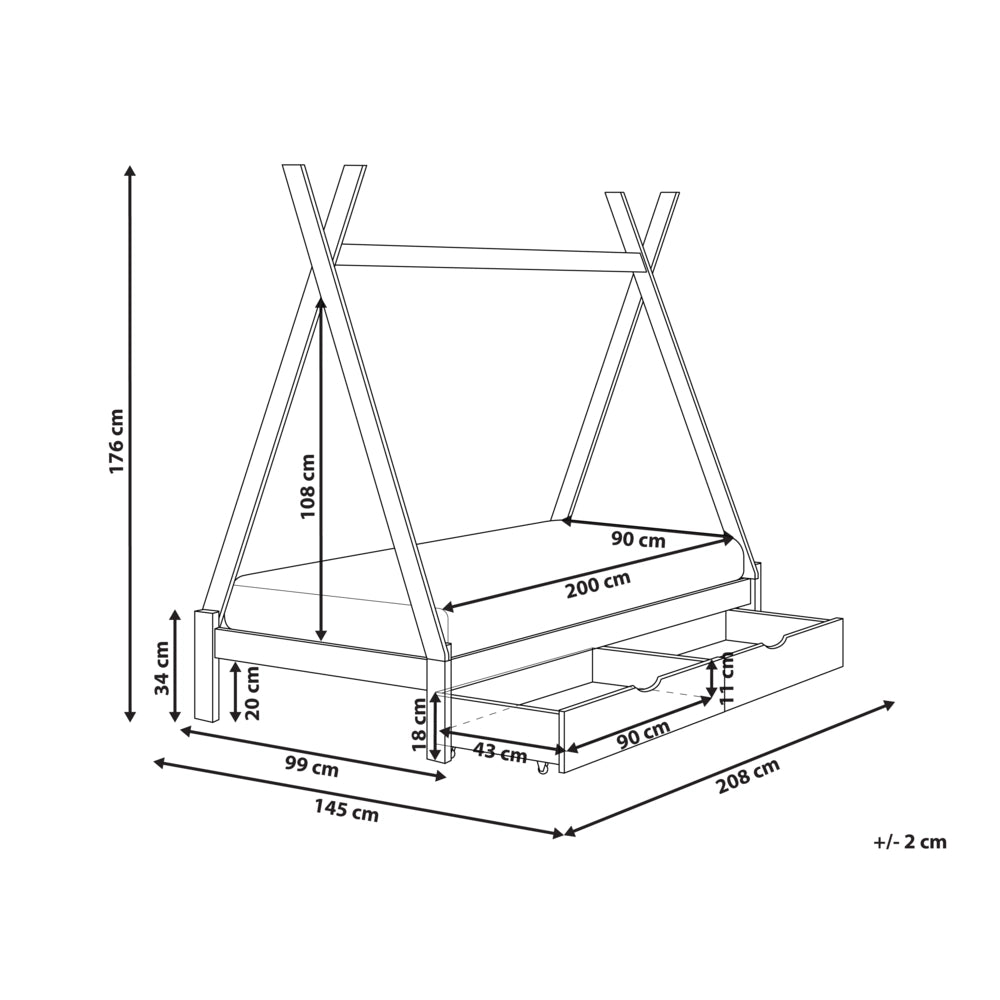 Letto a forma di tenda per bambini Struttura per letto singolo in pino grigio UE 90 x 200 cm con doghe e cassetti