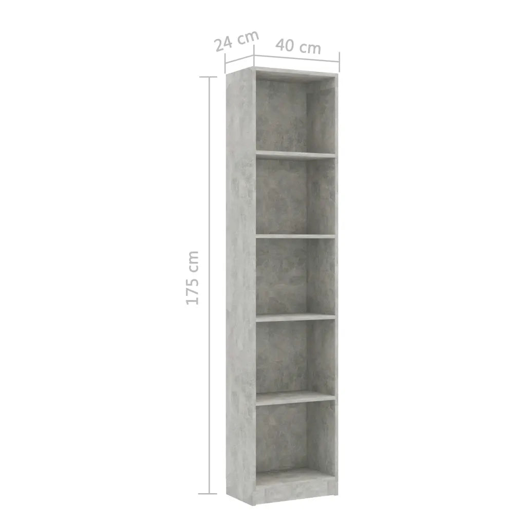 Libreria 5 Ripiani Grigio Cemento 40x24x175cm Legno Multistrato 800850