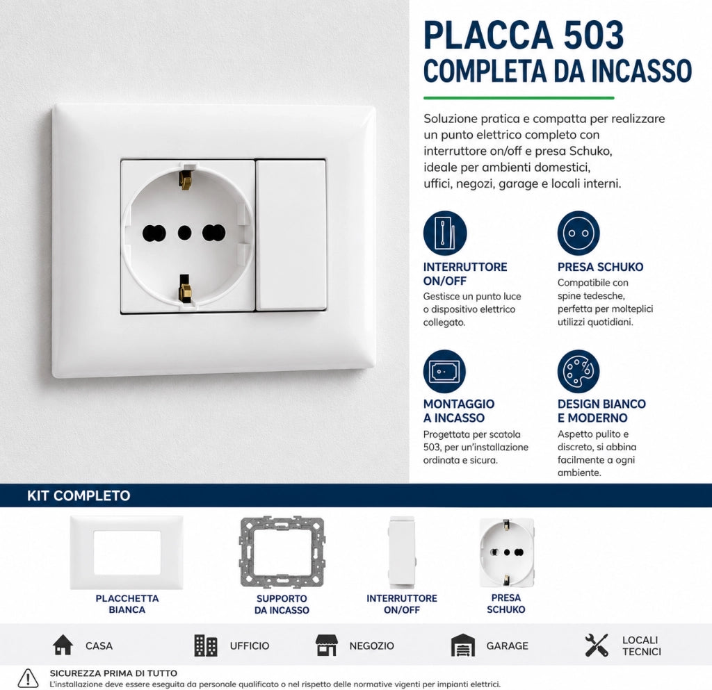 Placca Placchetta 503 Incasso 2 Posti con Interruttore e Presa Schuko