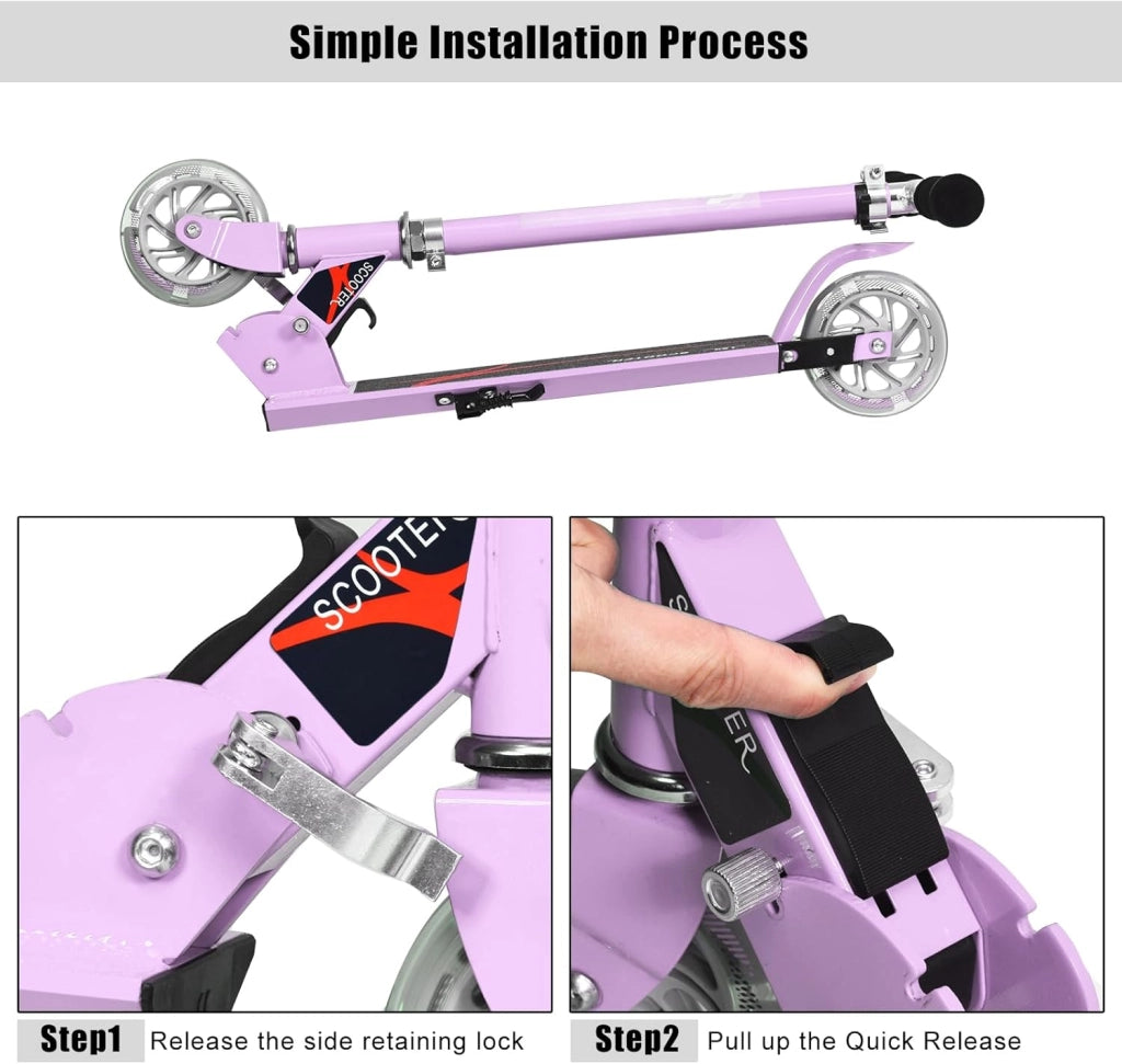 Monopattino Bambini con 2 Ruote LED, Monopattino Bambina Pieghevole in Alluminio con Altezza Regolabile, Crico Massimo di 70 kg, Scooter Portatile per Bambini da 4 Anni+