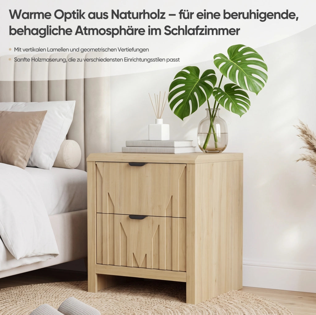 Comodino in stile Mid-Century con 2 cassetti effetto rovere e maniglie metalliche