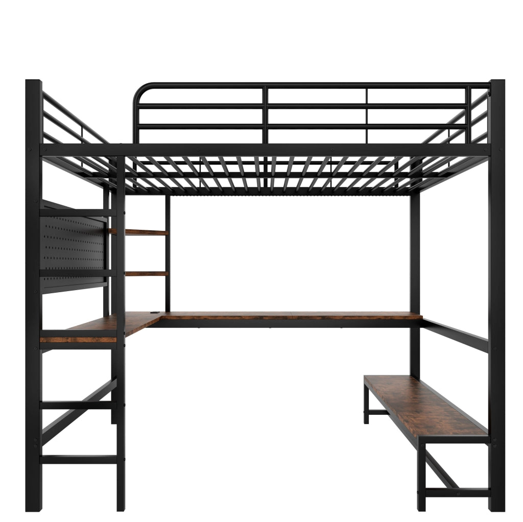 Letto a soppalco ULEVR 140x200 cm con scrivania, ripiani, LED, presa USB e Type-C, metallo e MDF nero