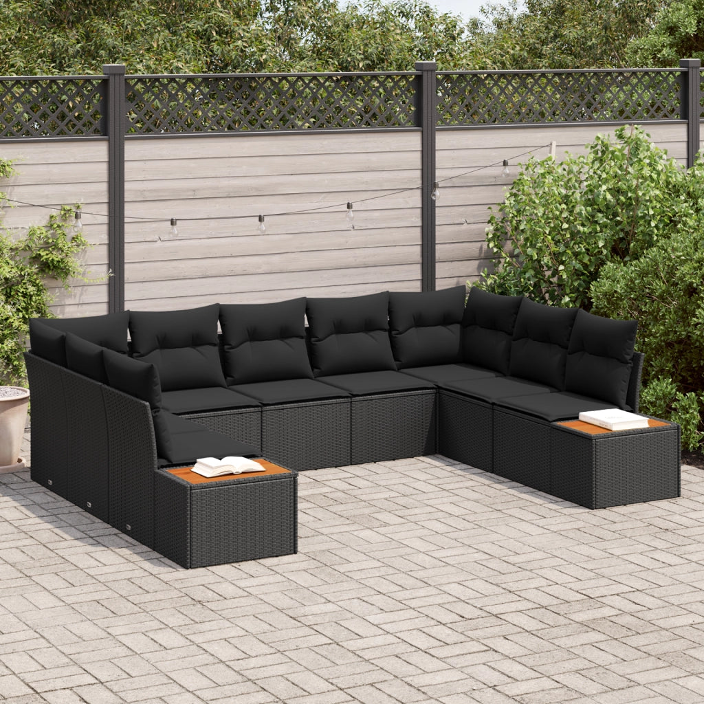 Set di divani da giardino 9 pezzi con cuscini Rattan nero Acacia