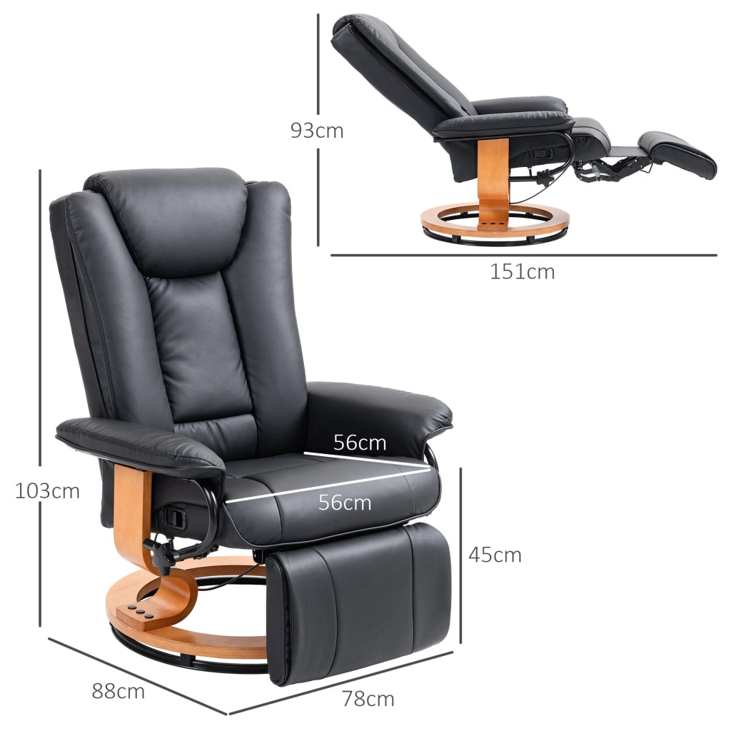 Poltrona Relax girevole con funzione reclinabile e poggiapiedi, rivestimento in pelle sintetica nera, portata 150 kg