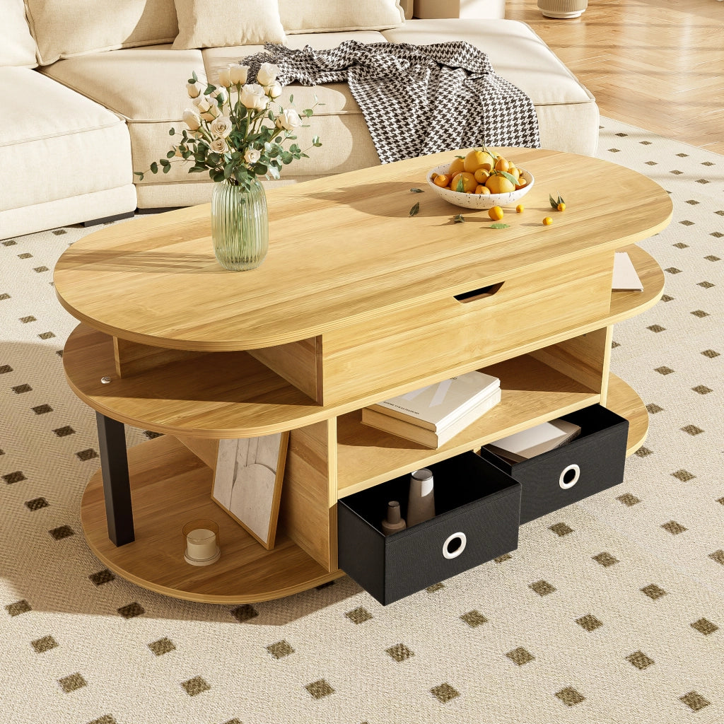 OKWISH Tavolino da Salotto Rettangolare con Piano Sollevabile, 2 Cassetti in Tessuto e Vano, Nero e Legno, 105 x 50 x 45/60 cm