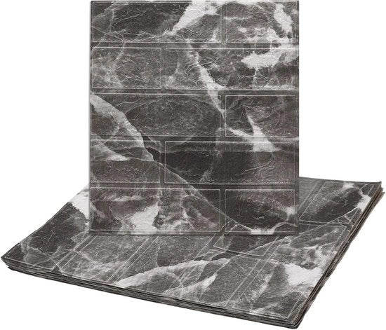 Set di 10 pannelli da parete 3D | Impermeabile | Rivestimento in pietra da forno | Gomme da doccia XPE | 35 x 38,5 cm | Bagno e soggiorno | Design marmo | Nero e bianco