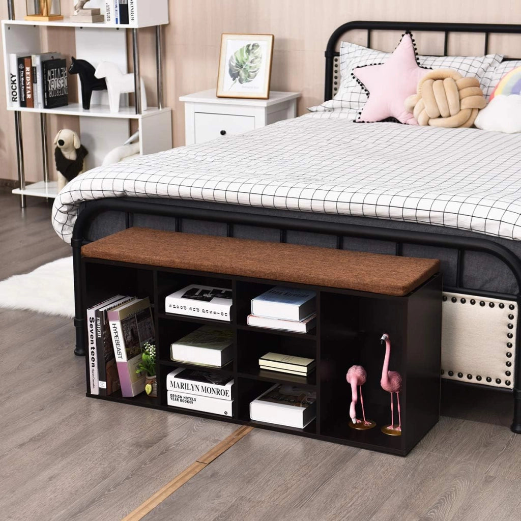 Scarpiera Salvaspazio da Ingresso con 10 Scomparti, Panca Contenitore con Cuscino, Cassapanca Portascarpe 104 x 30 x 48cm (Marrone)