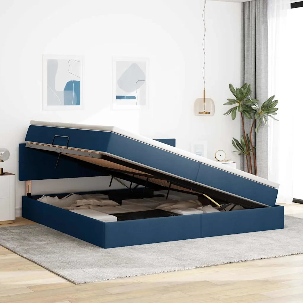 Letto con contenitore e materasso con testiera Blu 200 x 200 cm