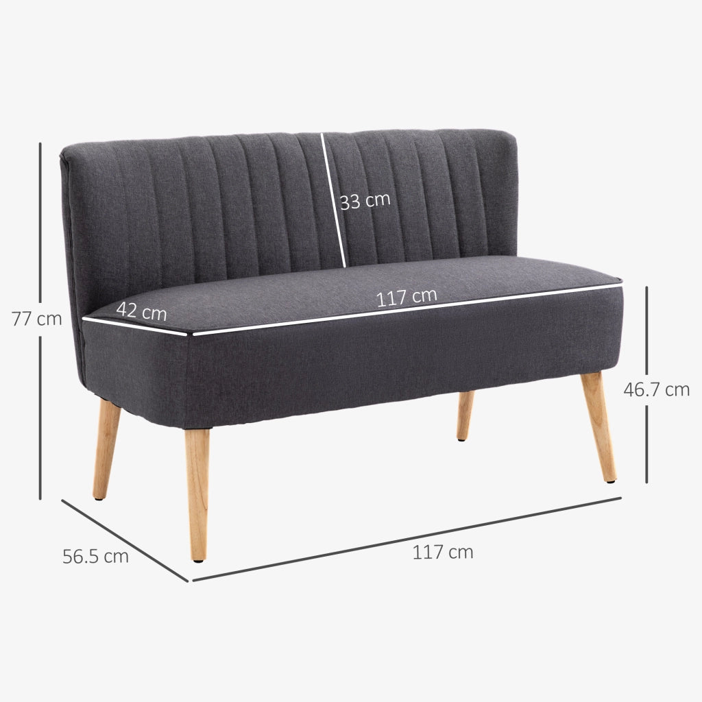 Divano 2 Posti 117x56,5x77 cm Senza Braccioli con Gambe in Legno in Tessuto Effetto Lino Grigio Scuro