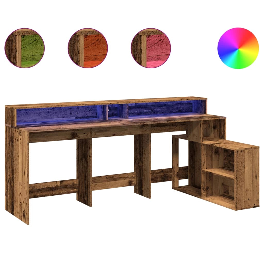 Scrivania tavolo postazione di lavoro mobile per computer studio con luci a LED legno vecchio legno ingegnerizzato marrone 02_0023438