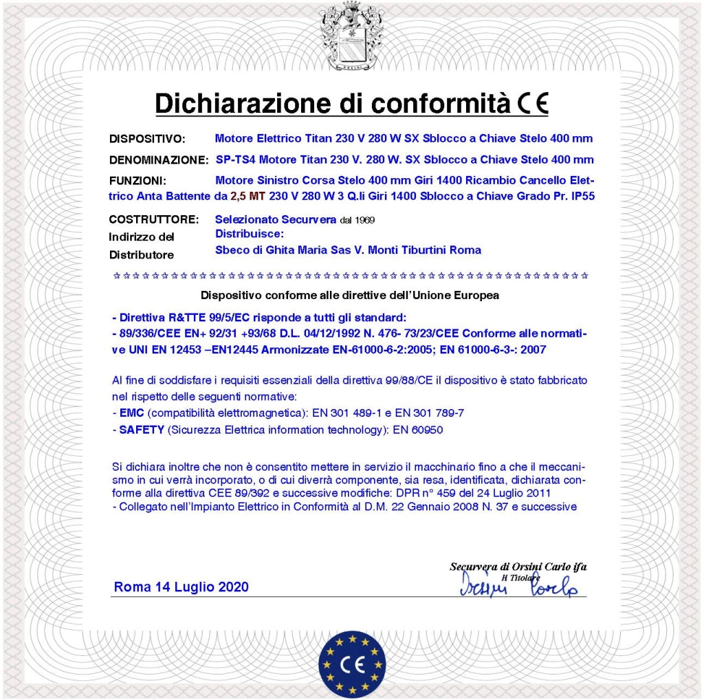 Motore Cancello 230 V Sinistro Titan Corsa Stelo di 400 mm Anta 2,5 MT Sblocco a Chiave Dotato di staffe e bulloni di Fissaggio Assorbimento 1,8 A IP55 Corpo In Alluminio Pressofuso Protezione 135°