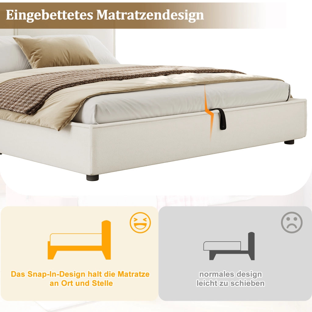 Letto contenitore matrimoniale 180 × 200 cm con sollevamento idraulico, senza materasso, in bouclé bianco