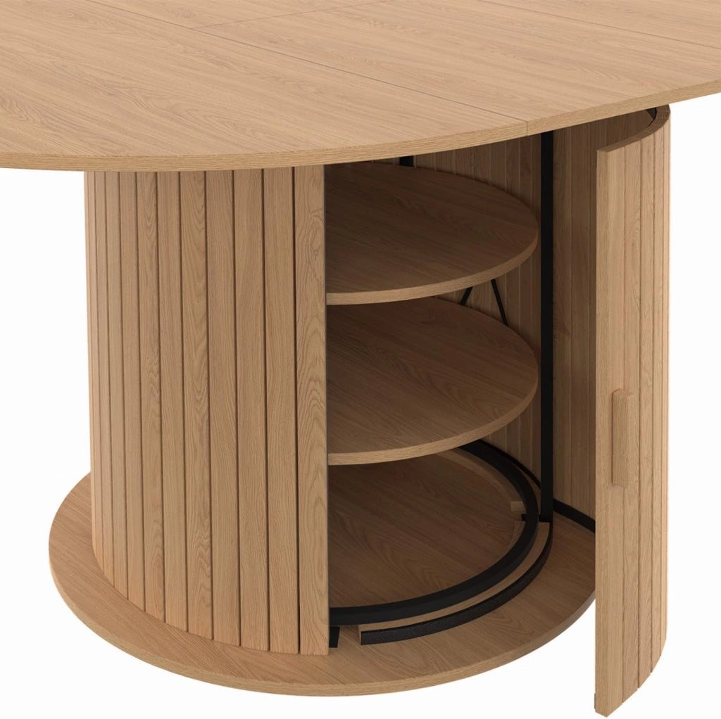 JULIETTE Tavolo da pranzo rotondo allungabile per 4-8 persone con gambe a doghe e contenitore 110-150 cm