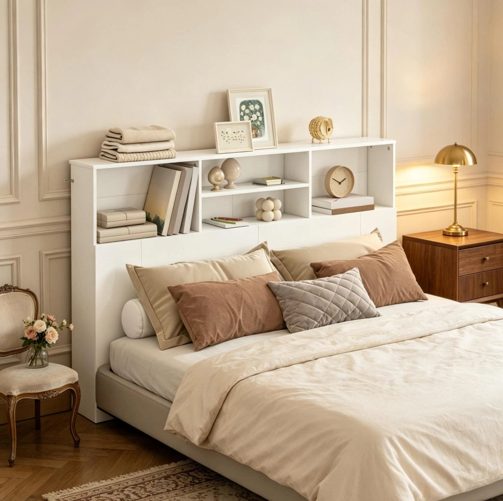Testiera per letto 140 cm con 4 ripiani aperti, bianca, in truciolato e MDF