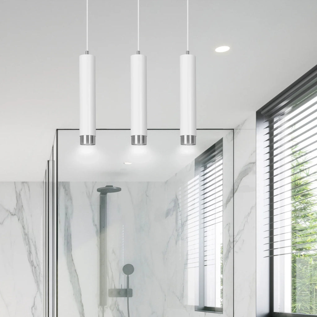 Lampadario 3 Luci Brunilde In Acciaio Bianco E Tubolari In Bianco E Cromo